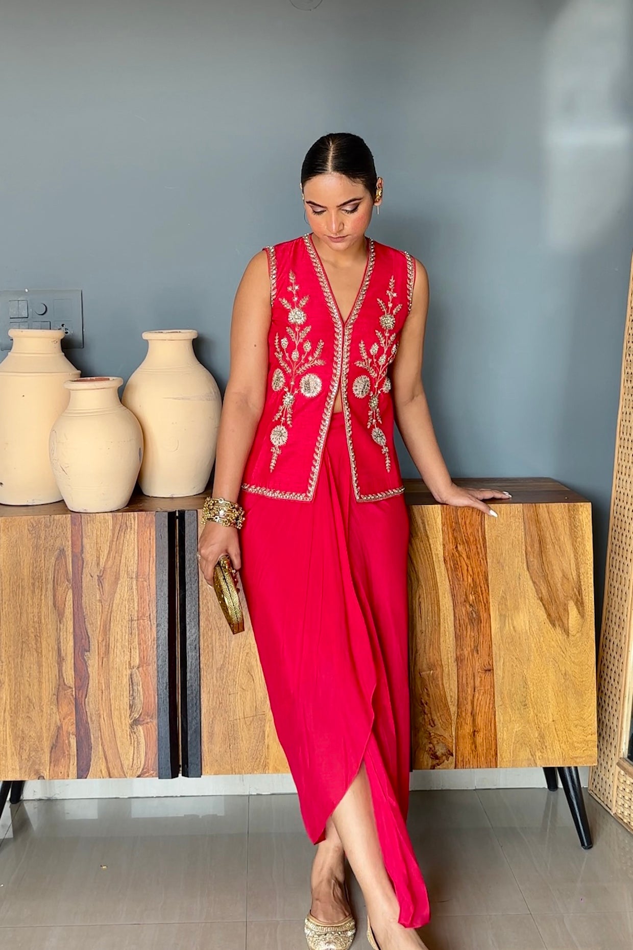 Sapna In Cherry Red Silk Jacket Set