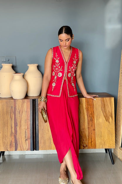 Sapna In Cherry Red Silk Jacket Set