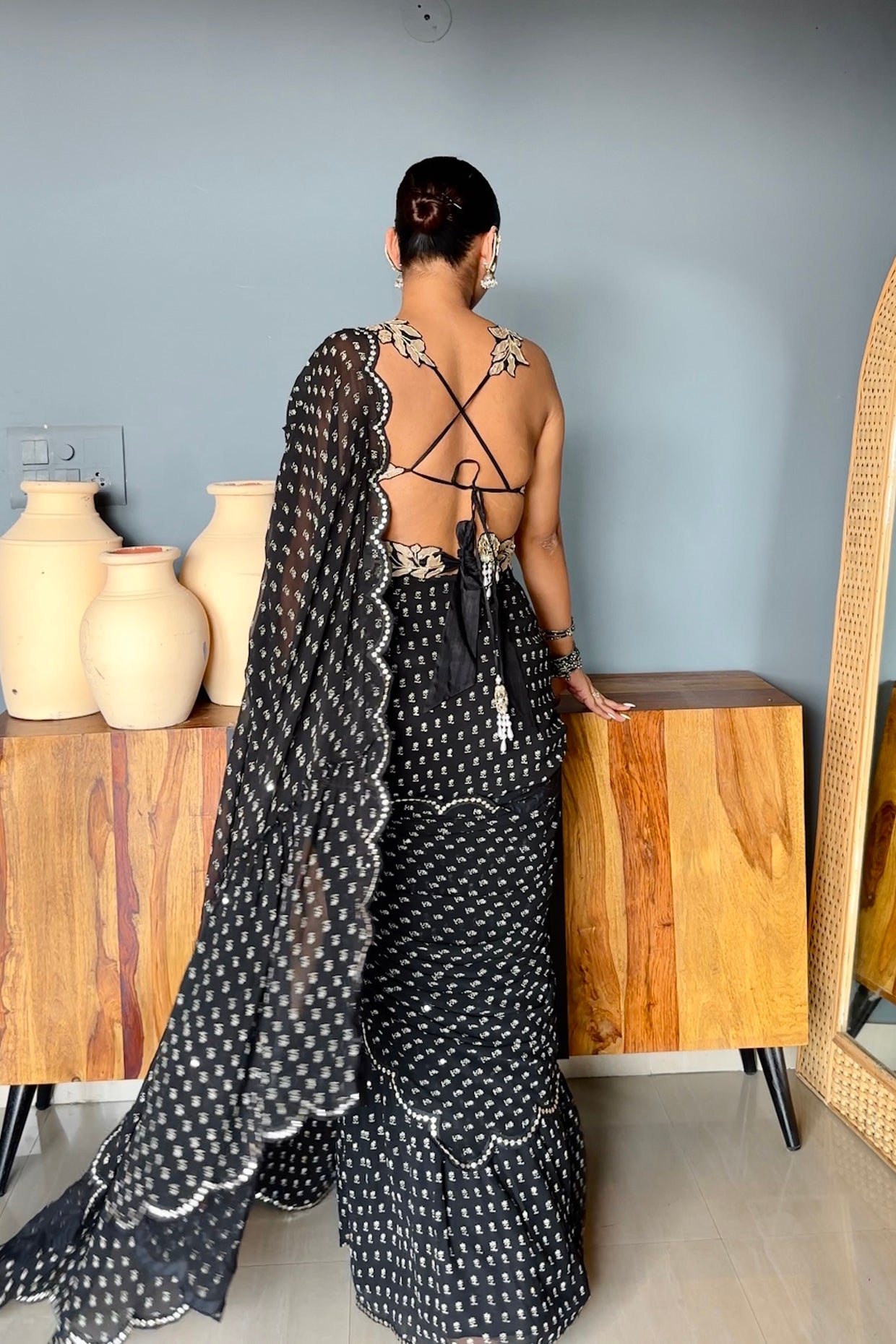 Sapna In Charcoal Black Draped Saree Set