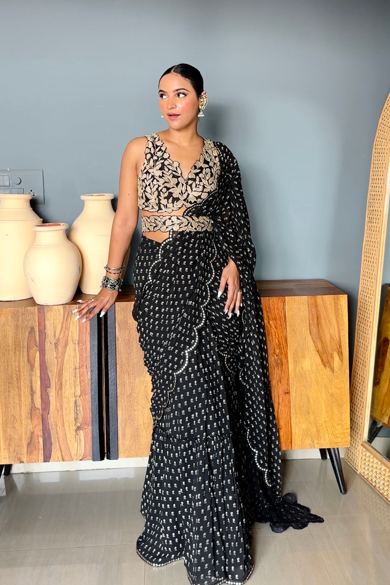 Sapna In Charcoal Black Draped Saree Set