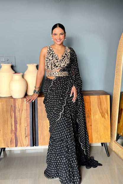 Sapna In Charcoal Black Draped Saree Set