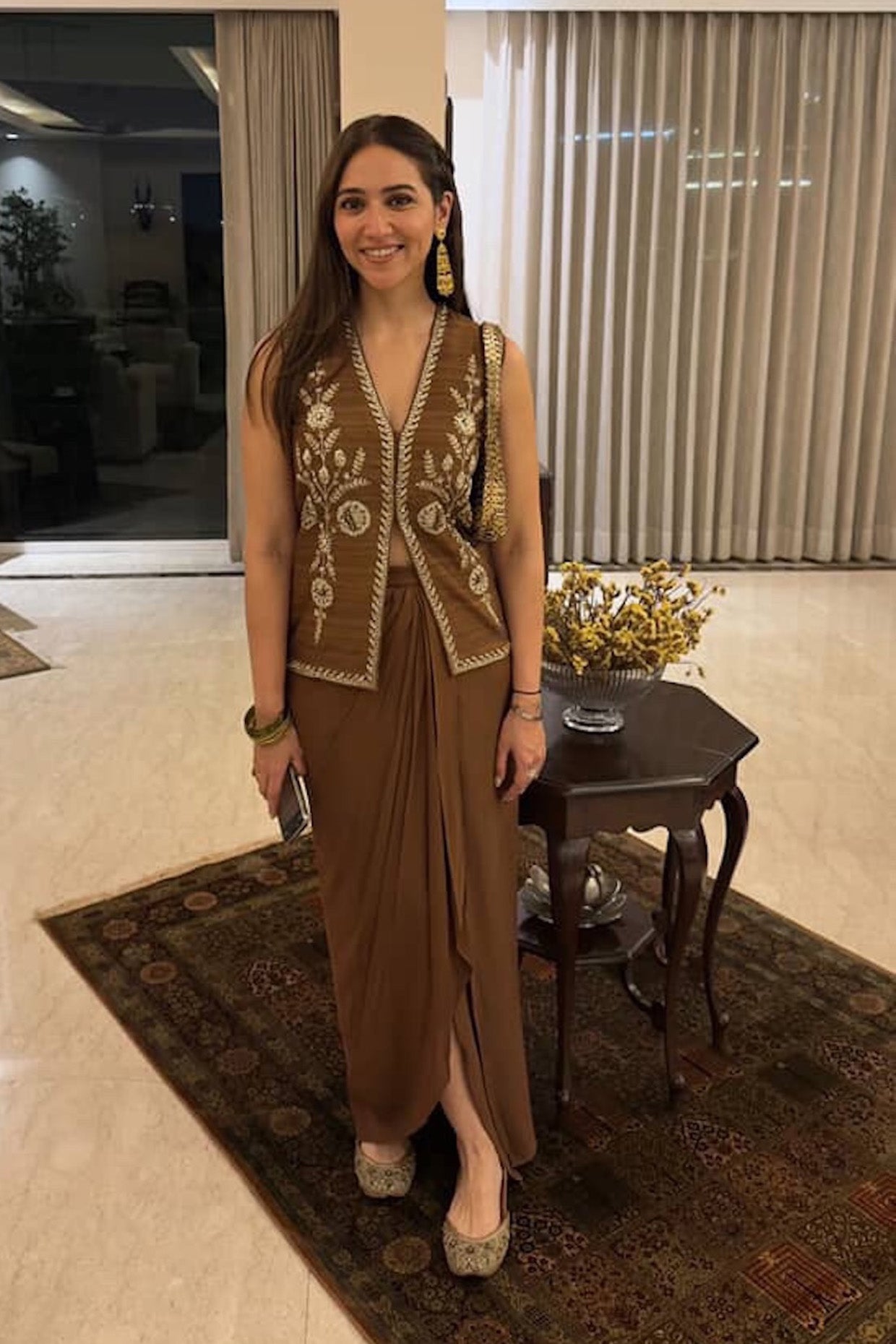 Sahiba Bali In Cocoa Silk Waistcoat Jacket Set