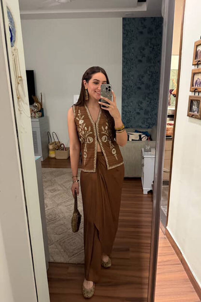 Sahiba Bali In Cocoa Silk Waistcoat Jacket Set