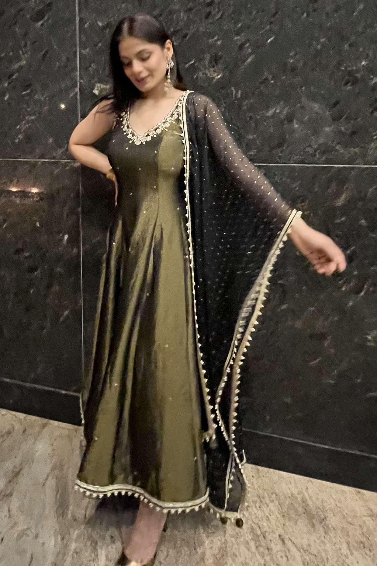 Srishti Dixit In Black Olive Tissue Embroidered Anarkali Set
