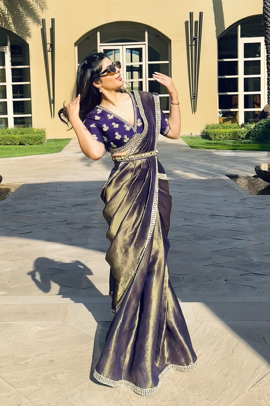 Alisha Chopra In Royal Purple Tissue Draped Saree Set
