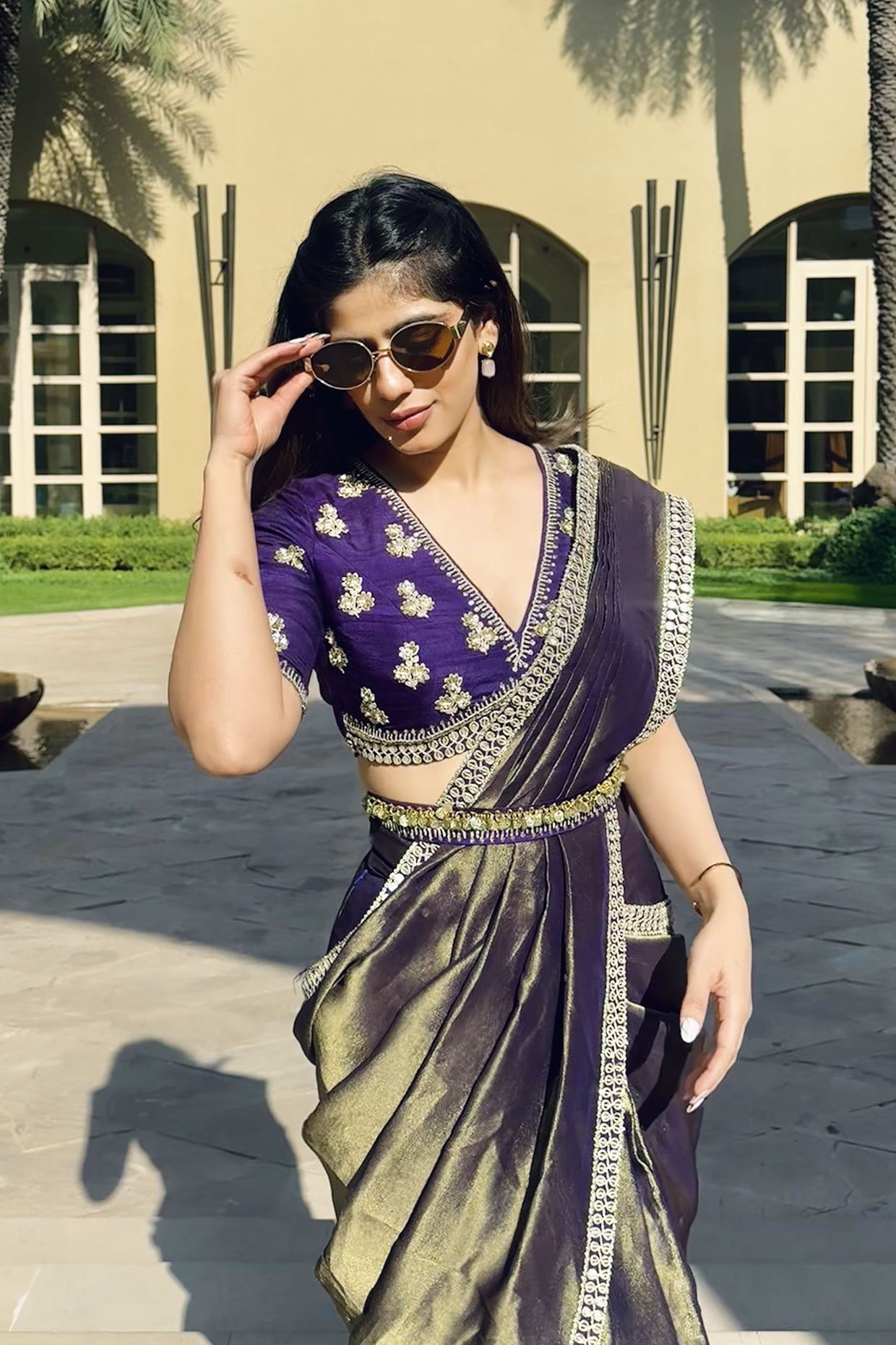 Alisha Chopra In Royal Purple Tissue Draped Saree Set