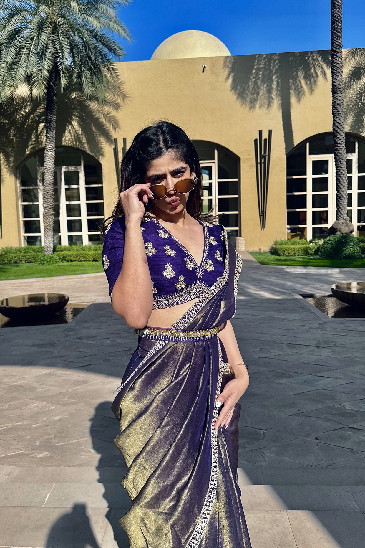 Alisha Chopra In Royal Purple Tissue Draped Saree Set