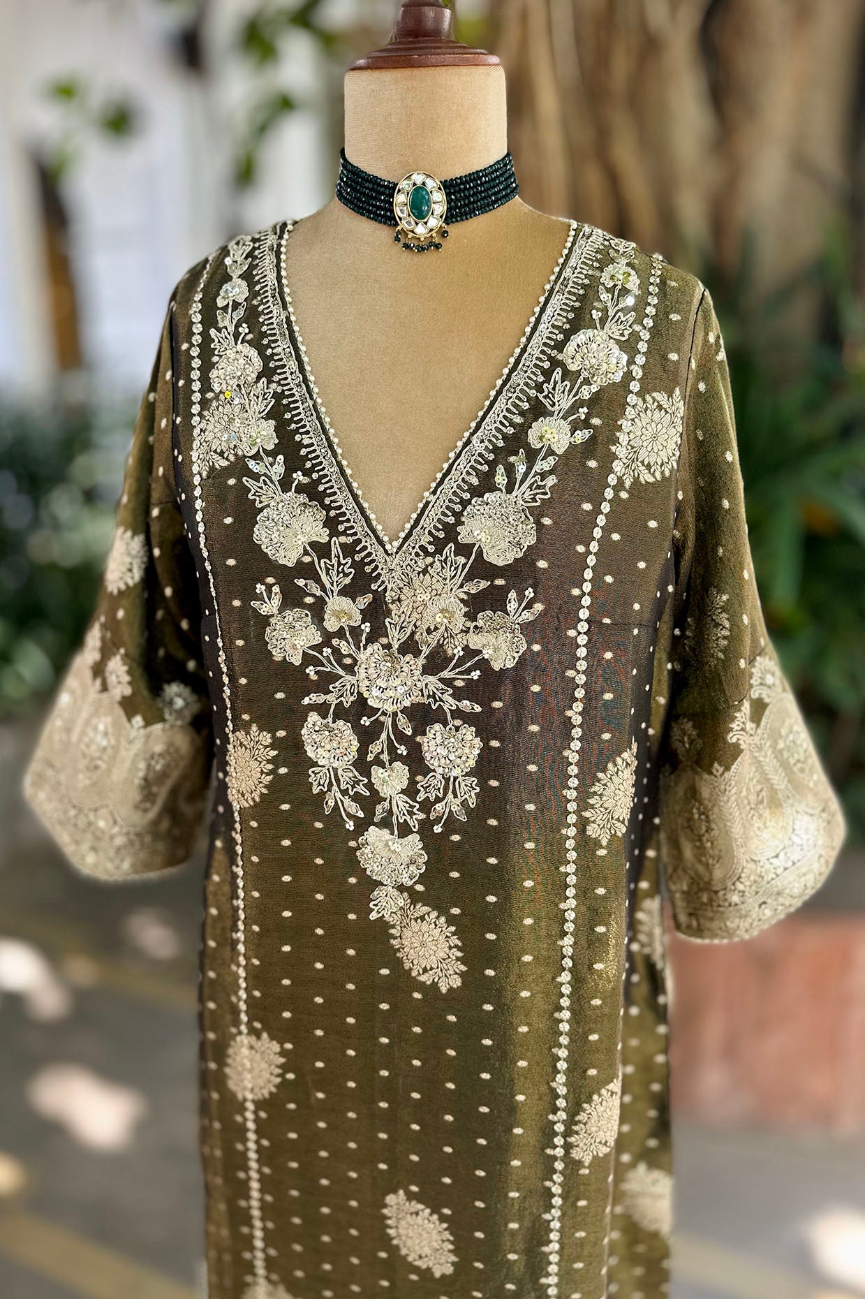 Black Olive Embroidered Tissue Kaftan