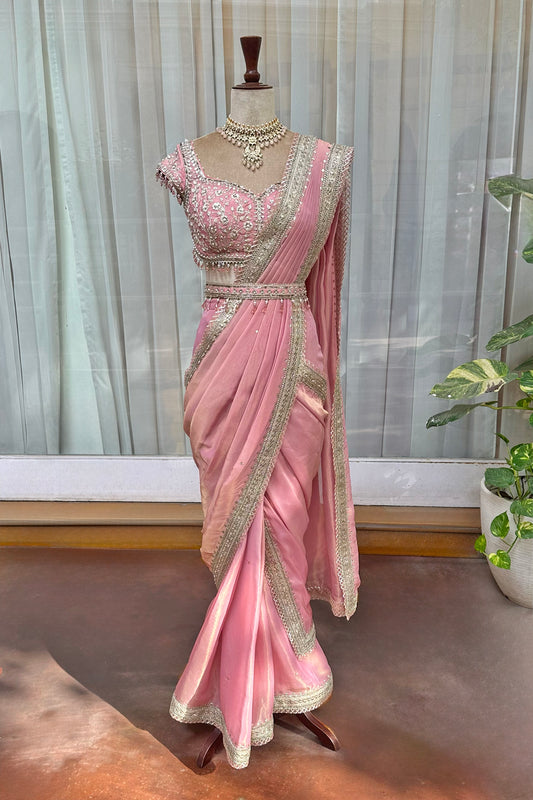 Powder Pink Tissue Draped Saree Set
