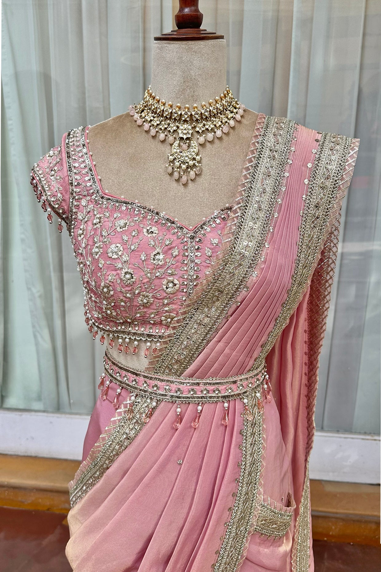 Powder Pink Tissue Draped Saree Set