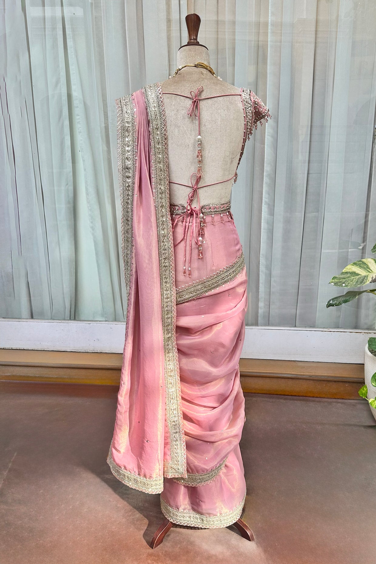Powder Pink Tissue Draped Saree Set
