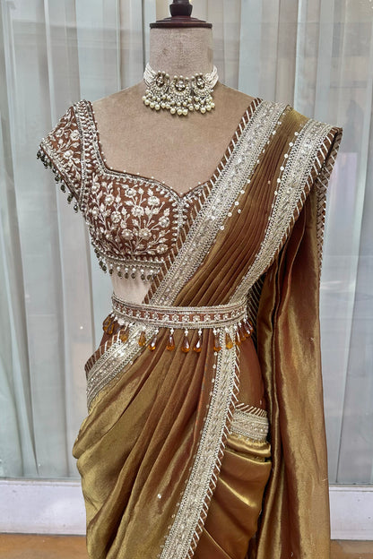 Cocoa Brown Tissue Draped Saree Set
