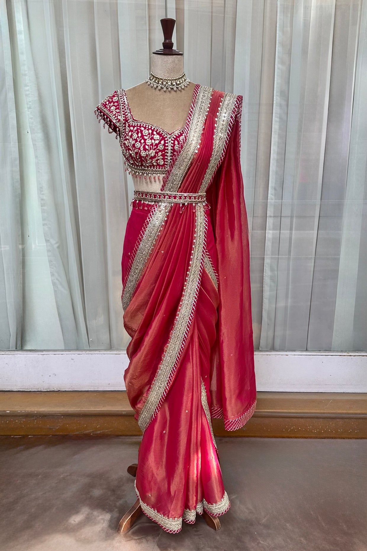 Hot Pink Tissue Draped Saree Set