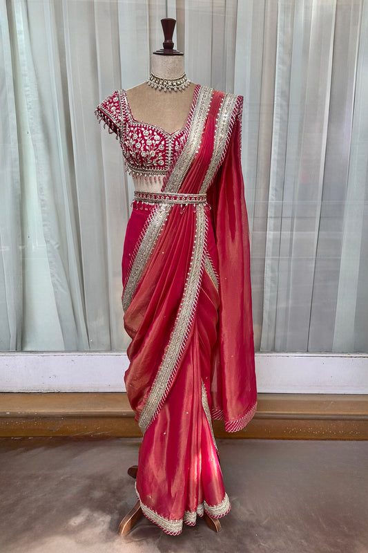 Hot Pink Tissue Draped Saree Set