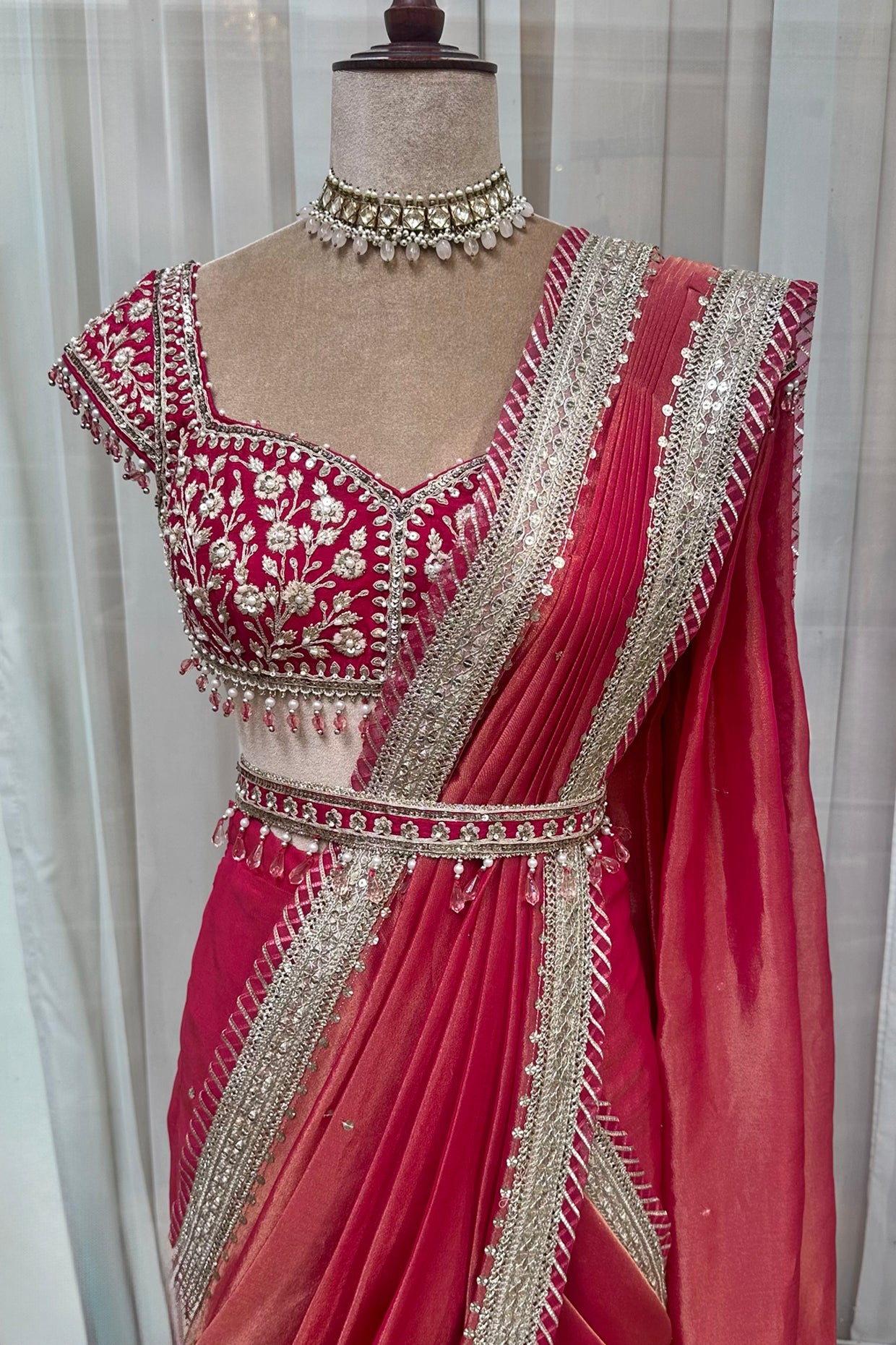 Hot Pink Tissue Draped Saree Set