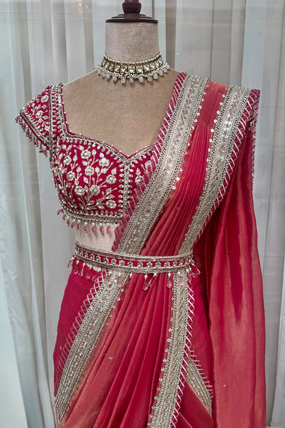 Hot Pink Tissue Draped Saree Set