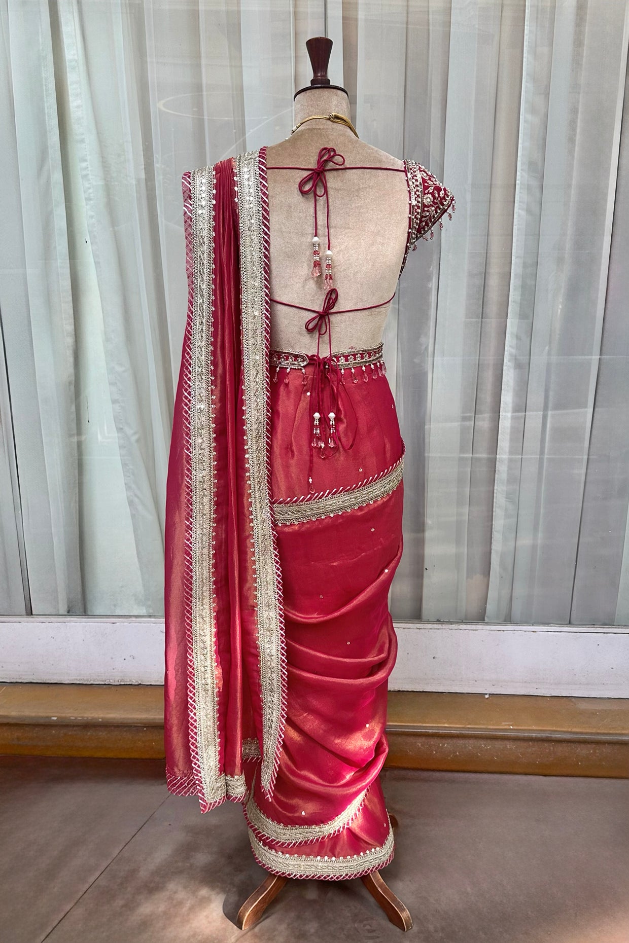 Hot Pink Tissue Draped Saree Set