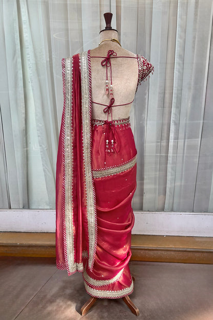 Hot Pink Tissue Draped Saree Set