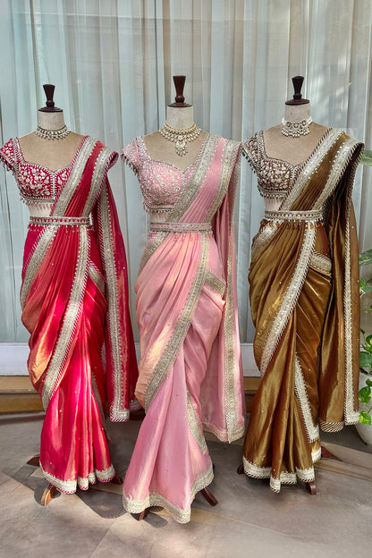 Powder Pink Tissue Draped Saree Set