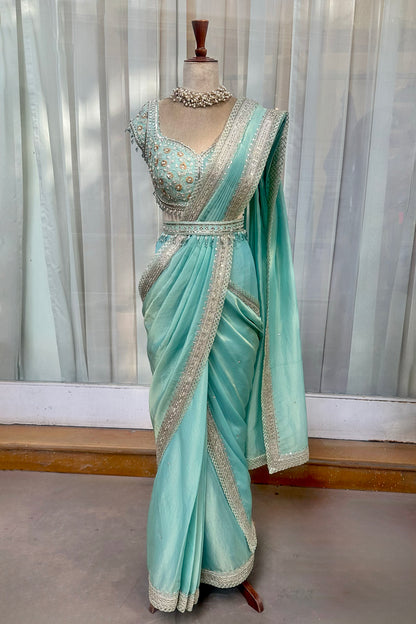 Aqua Tissue Draped Saree Set