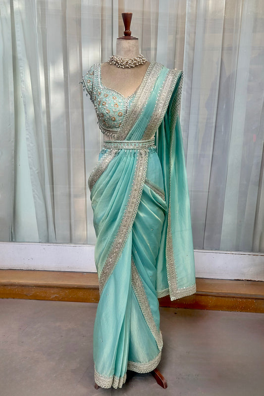 Aqua Tissue Draped Saree Set