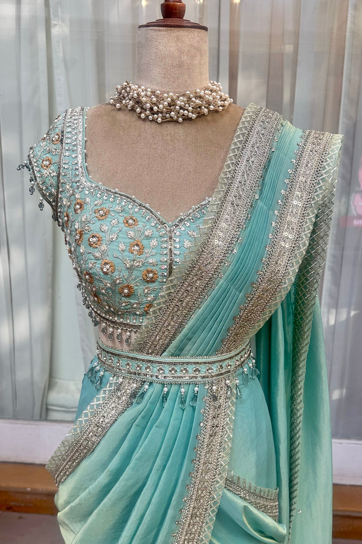 Aqua Tissue Draped Saree Set