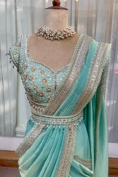 Aqua Tissue Draped Saree Set