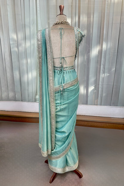 Aqua Tissue Draped Saree Set