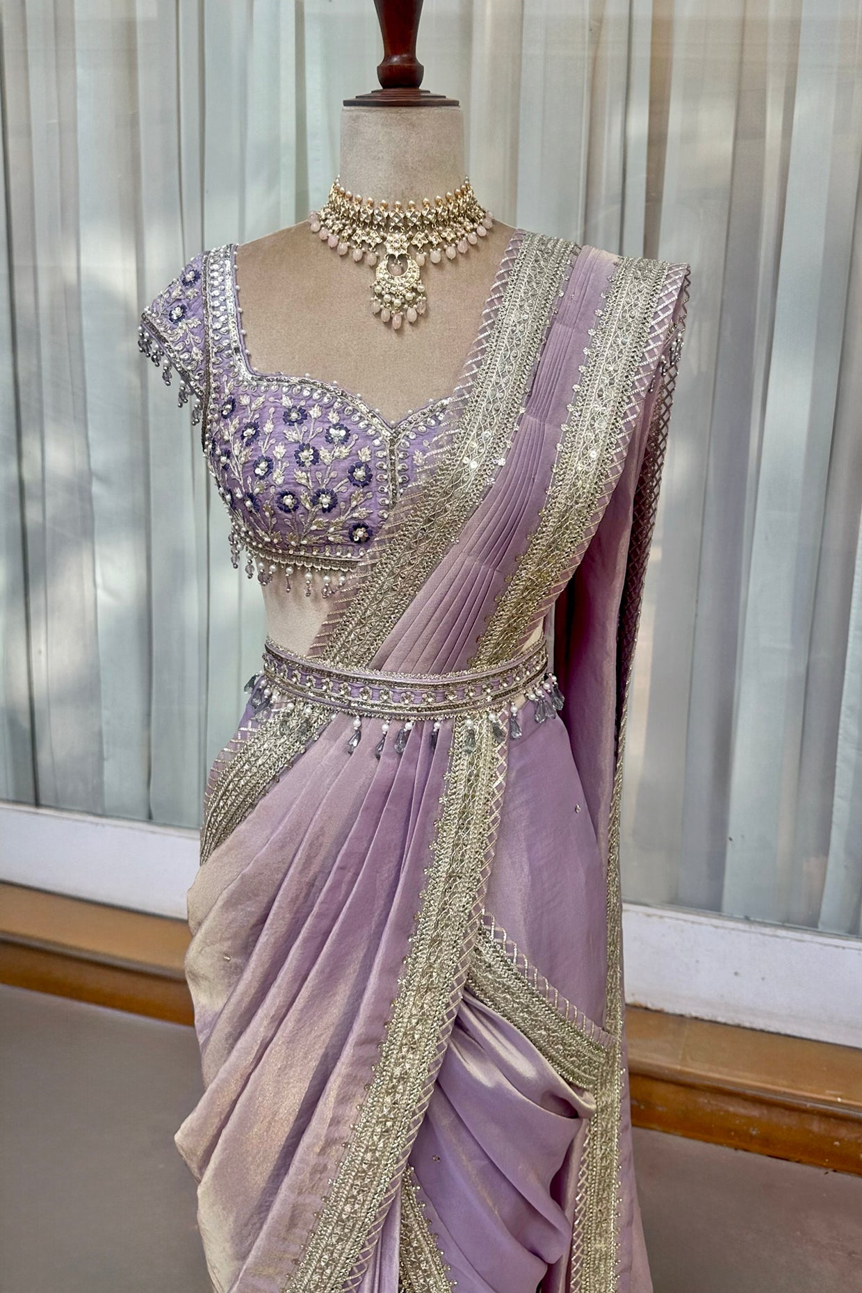 Lilac Tissue Draped Saree Set