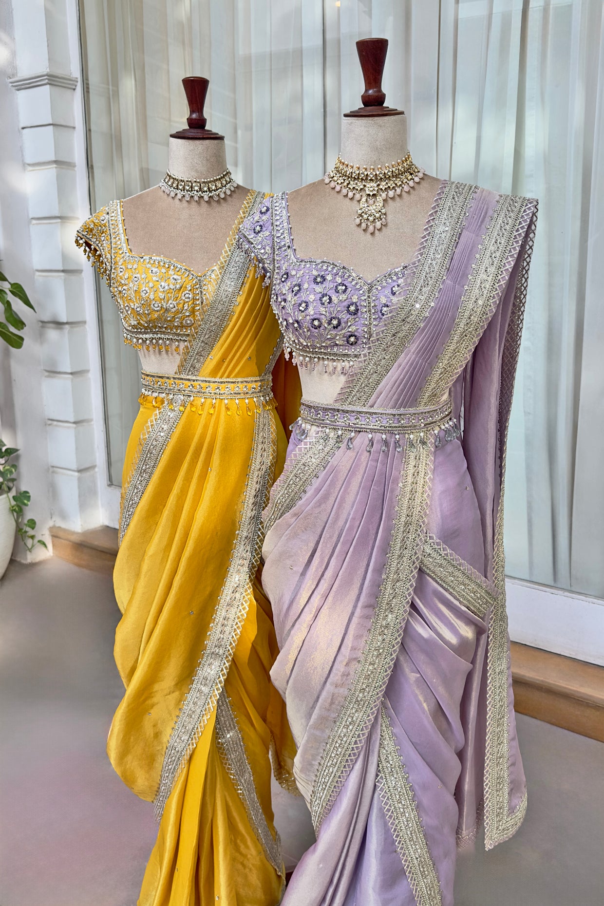 Mustard Tissue Draped Saree Set