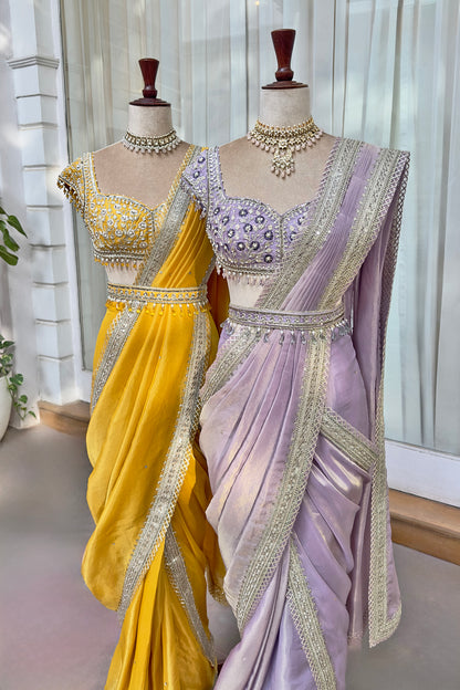 Mustard Tissue Draped Saree Set