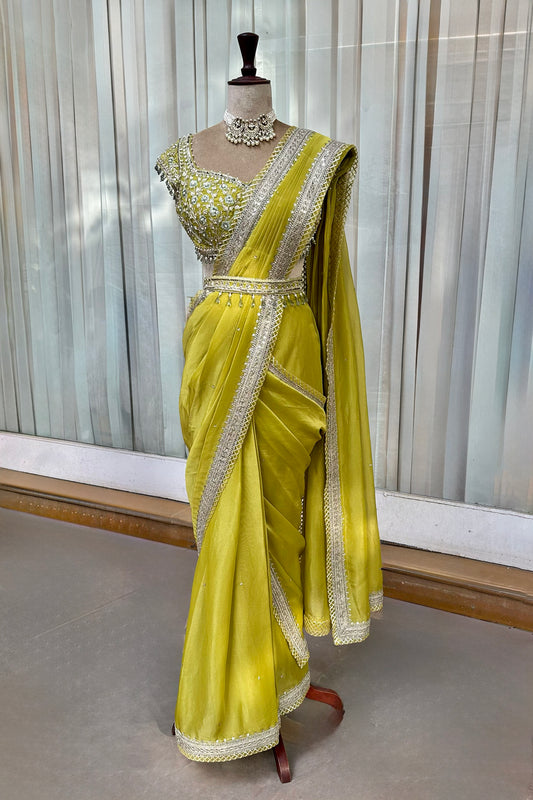 Lime Green Tissue Draped Saree Set