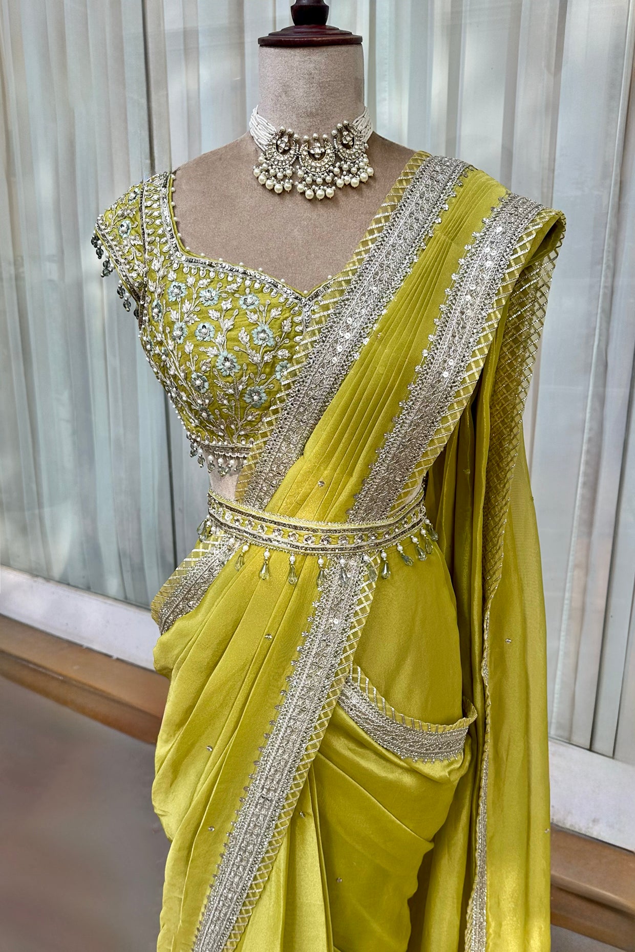 Lime Green Tissue Draped Saree Set