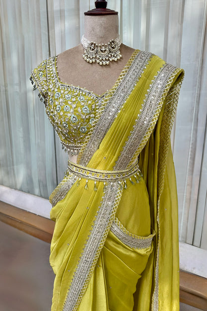 Lime Green Tissue Draped Saree Set