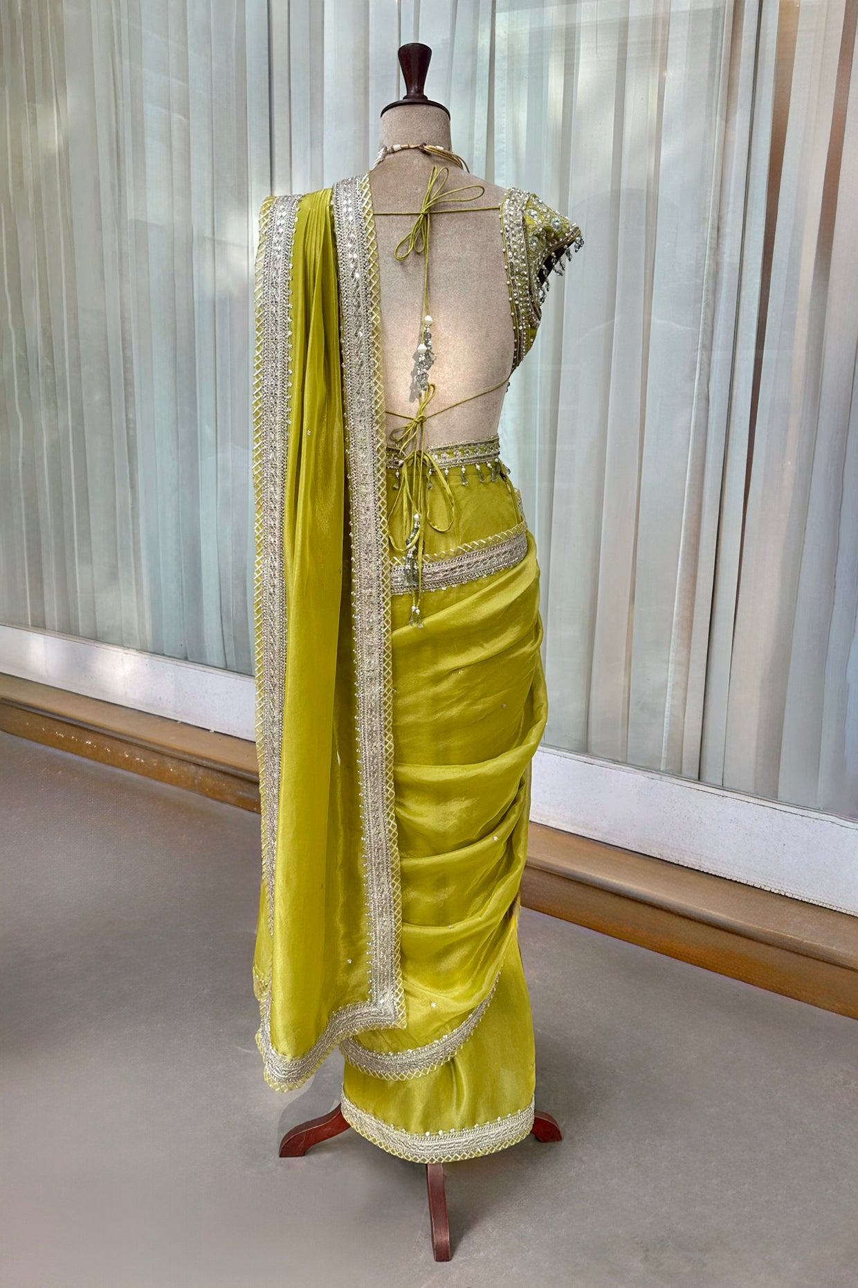 Lime Green Tissue Draped Saree Set