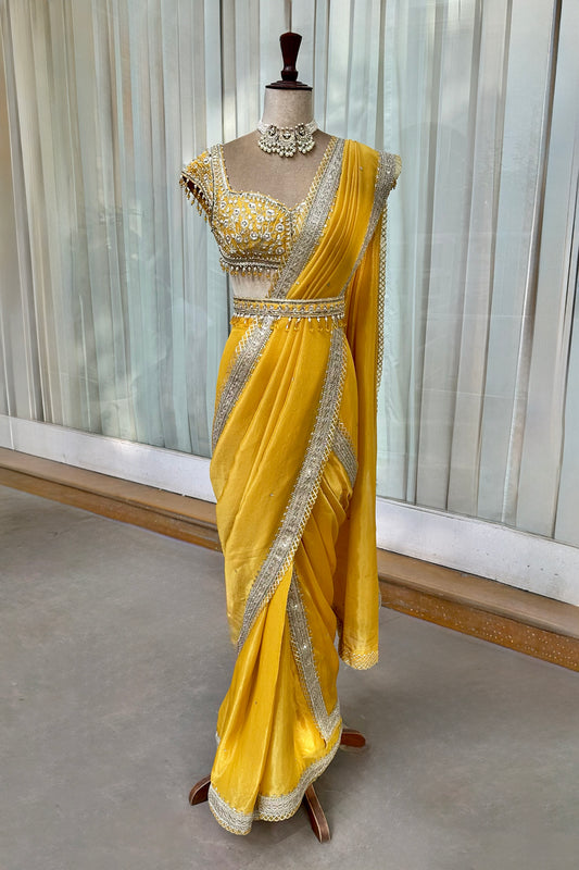 Mustard Tissue Draped Saree Set