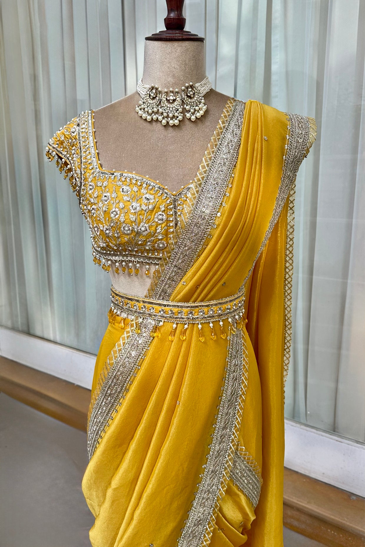 Mustard Tissue Draped Saree Set