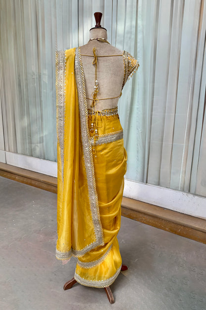Mustard Tissue Draped Saree Set