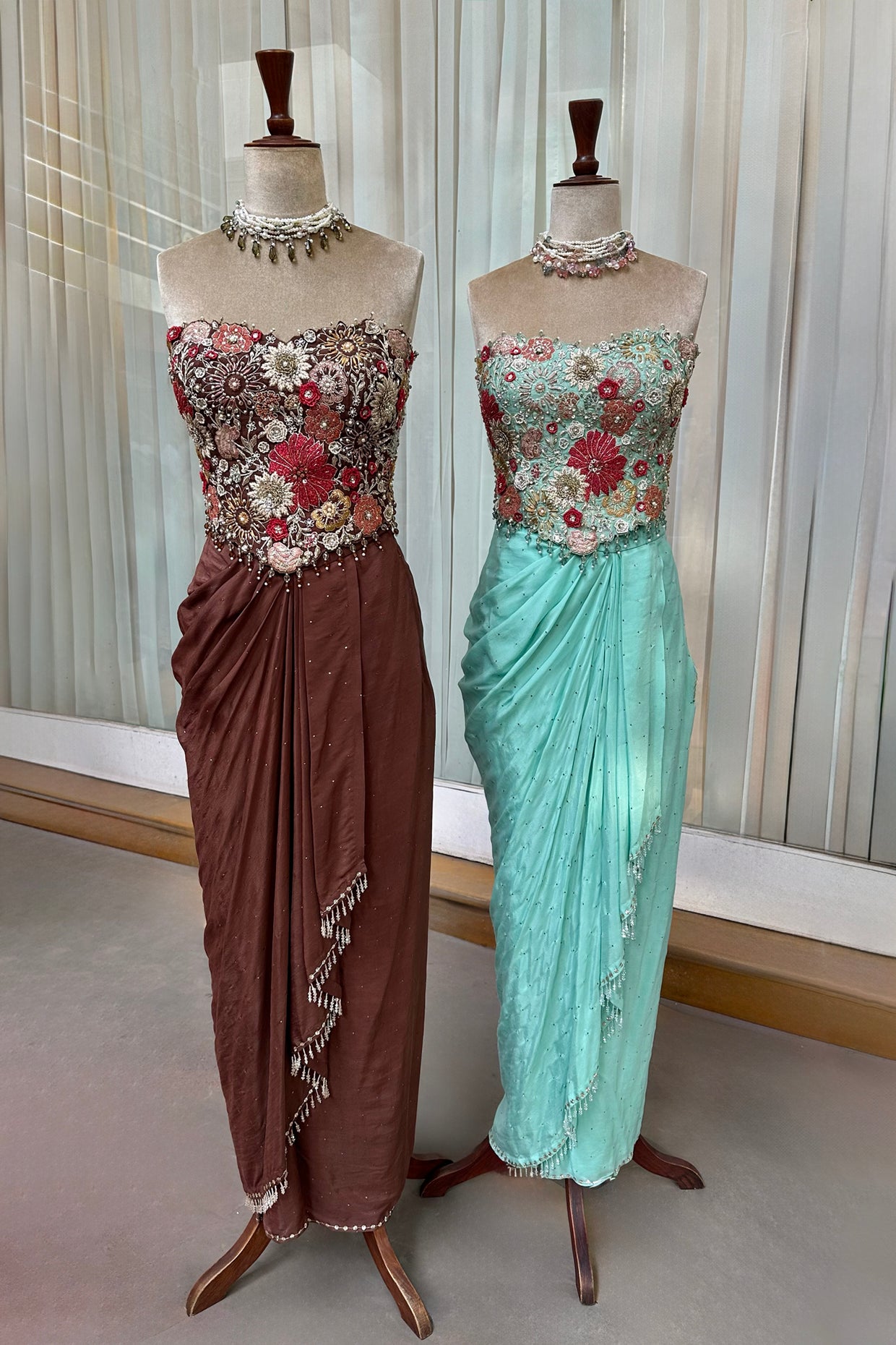 Aqua Embroidered Corset & Draped Skirt Set