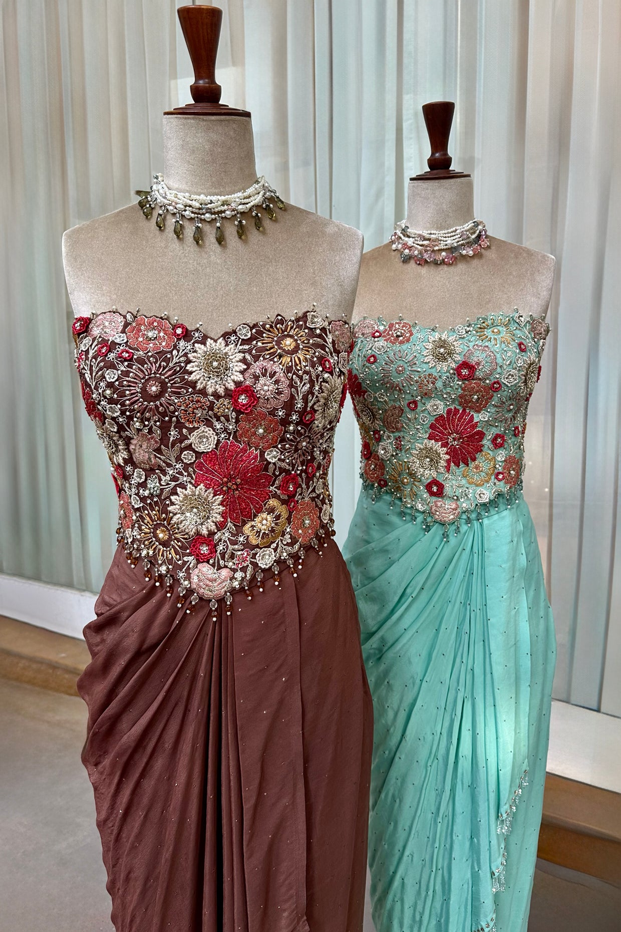 Dark Cocoa Embroidered Corset & Draped Skirt Set