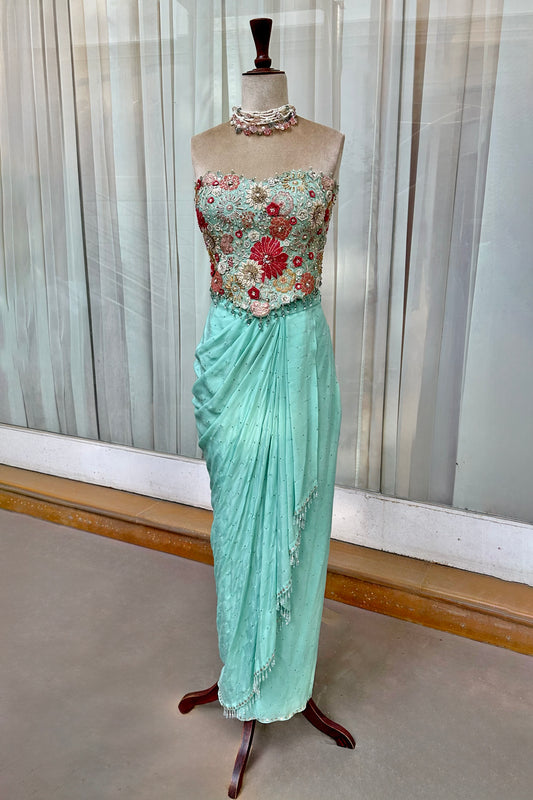 Aqua Embroidered Corset & Draped Skirt Set