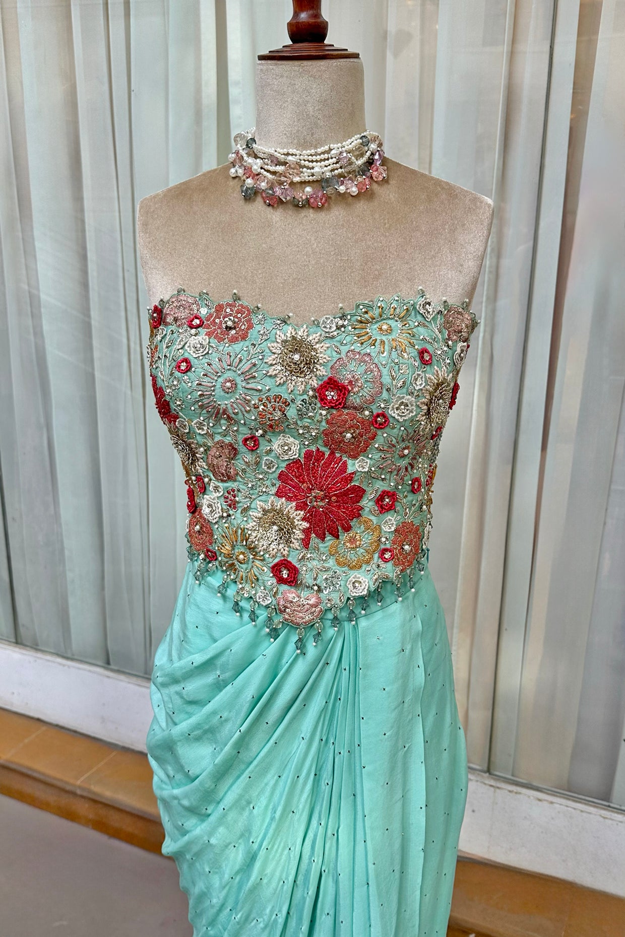 Aqua Embroidered Corset & Draped Skirt Set