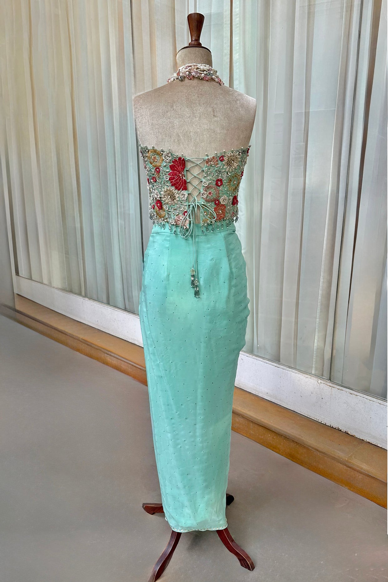 Aqua Embroidered Corset & Draped Skirt Set