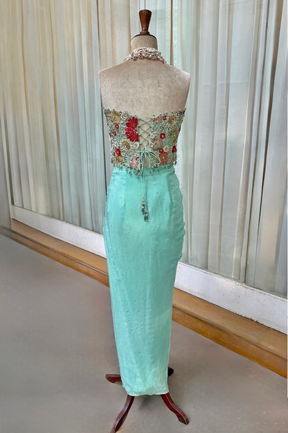 Aqua Embroidered Corset & Draped Skirt Set