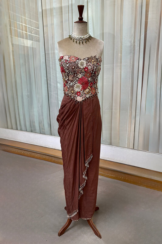 Dark Cocoa Embroidered Corset & Draped Skirt Set