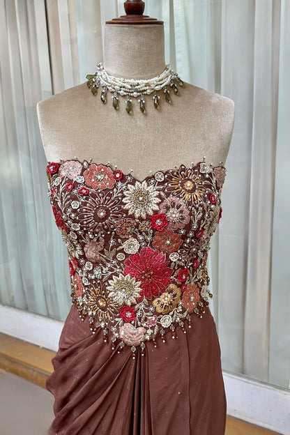 Dark Cocoa Embroidered Corset & Draped Skirt Set