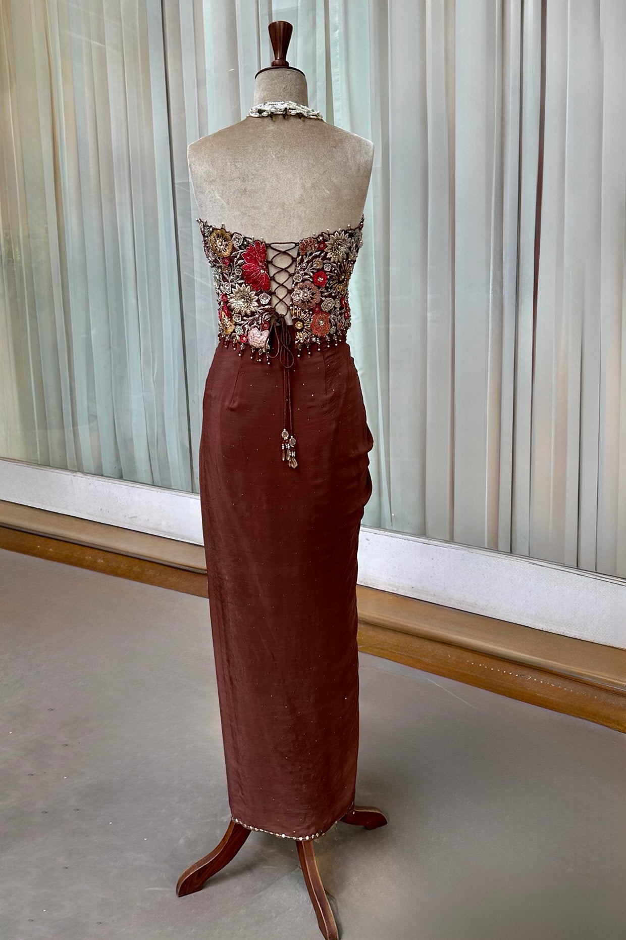Dark Cocoa Embroidered Corset & Draped Skirt Set