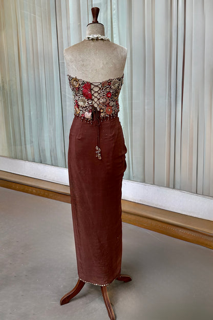Dark Cocoa Embroidered Corset & Draped Skirt Set