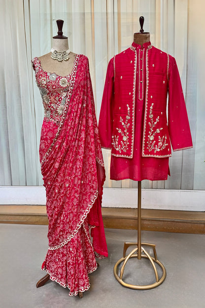 Cherry Red Embroidered Corset & Draped Saree Set