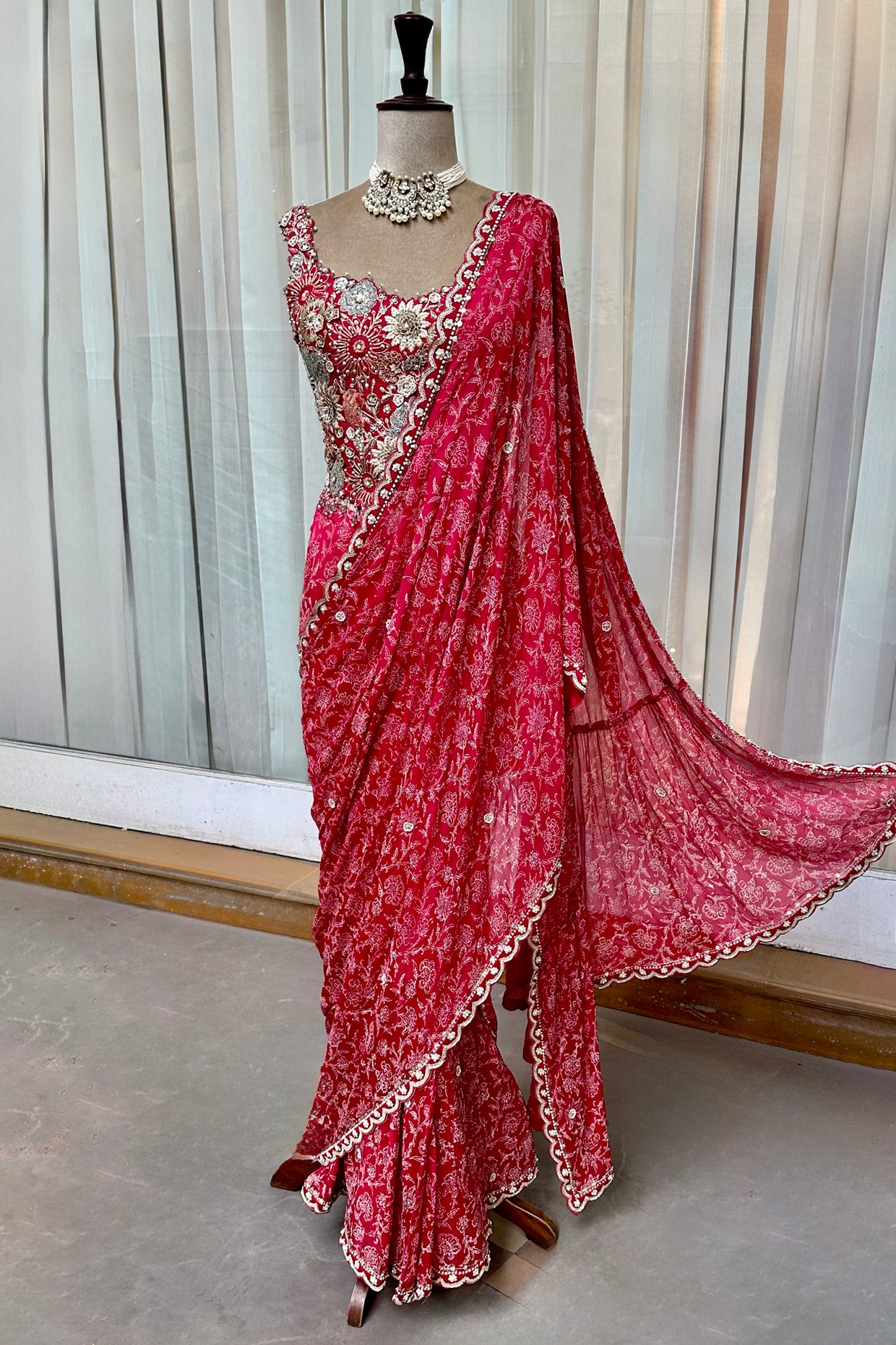 Cherry Red Embroidered Corset & Draped Saree Set